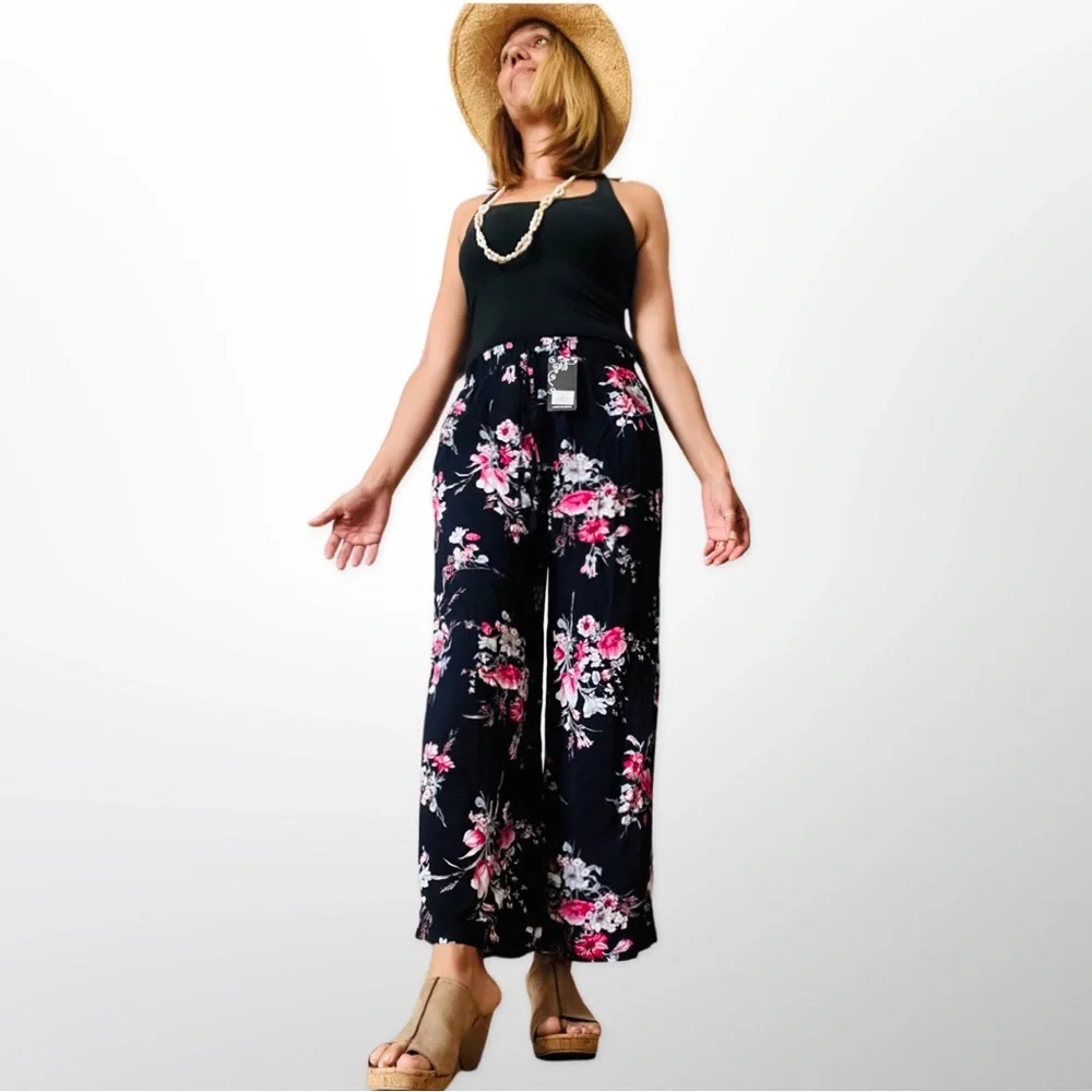 Flower Printed Soft Smocked Waist Cotton Lightweight Boho Traveler Pants One SZ - Picture 5 of 12